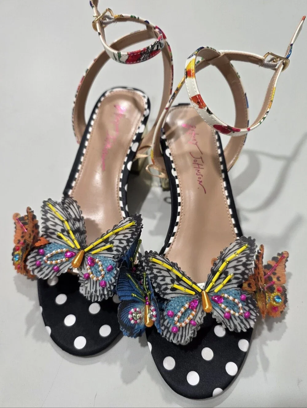 Betsey Johnson Black Polka Dot Sandals with Multicolor Butterfly Embellishments - Picture 8 of 13